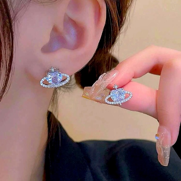 Jewelry - Retro Rhinestone Planet, Saturn, Stud Celestial Silver tone Glam, Earrings